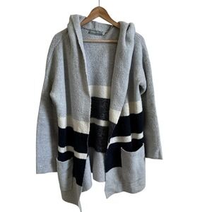 Index Hooded Cardigan Open Front Striped Pockets Cozy Knit Sweater M/L